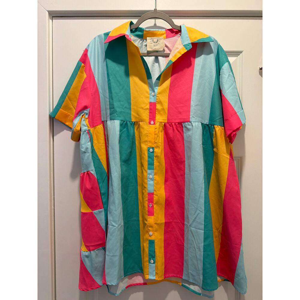 Fantastic Fawn Colorful Rainbow Button Down Knee Length Tunic Dress Small